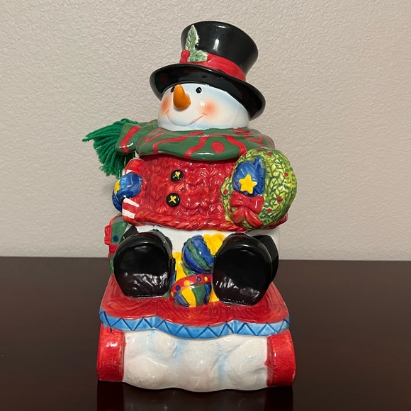 Vintage Sledding Snowman Cookie Jar - Picture 3 of 11